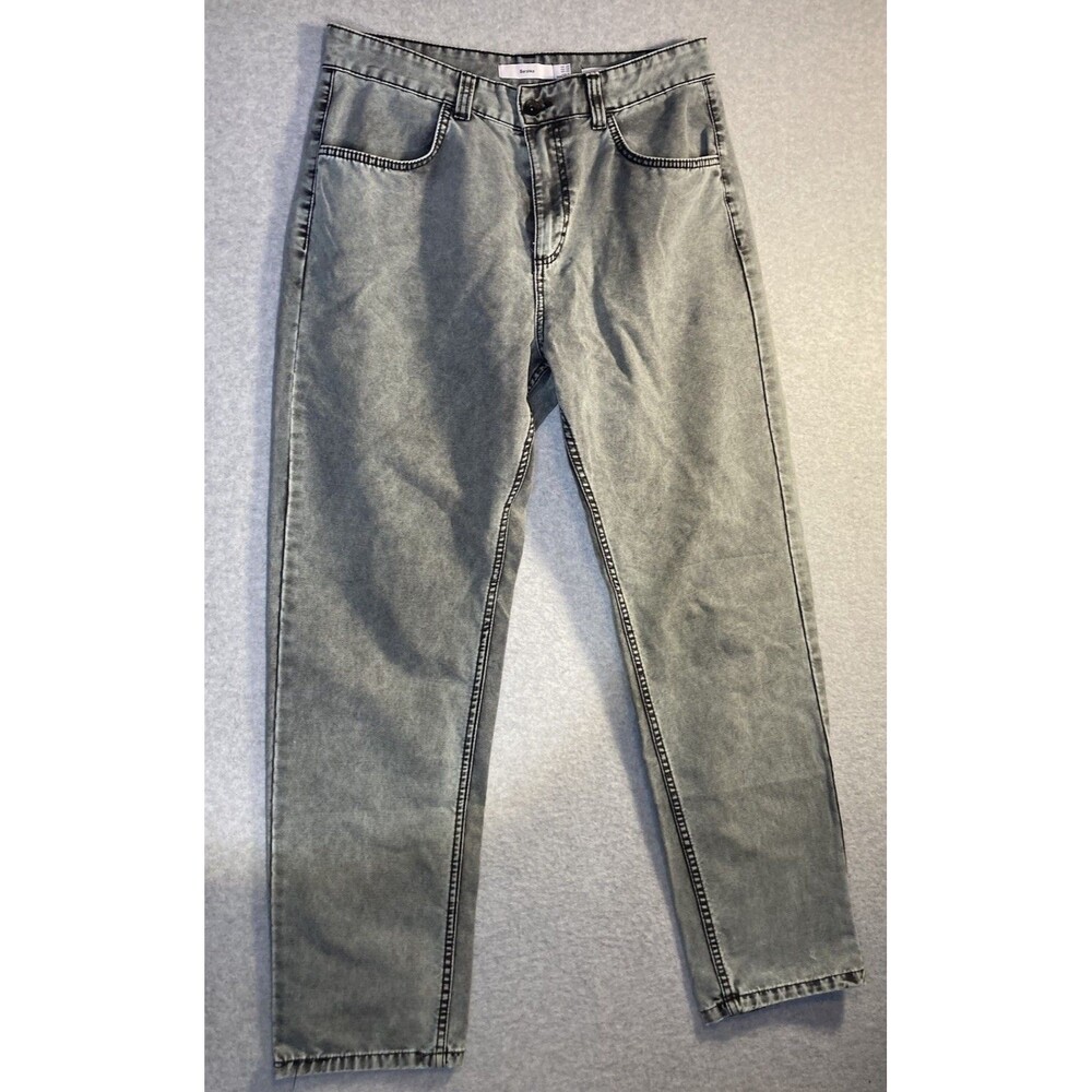 Bershka Sz 32 Wide Denim Mom Jean Distressed Gray Black Grunge Barrel Stretch